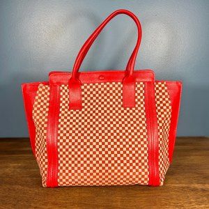 Alberta Di Canio Red Leather Checkered Suede Bowling Bag Purse